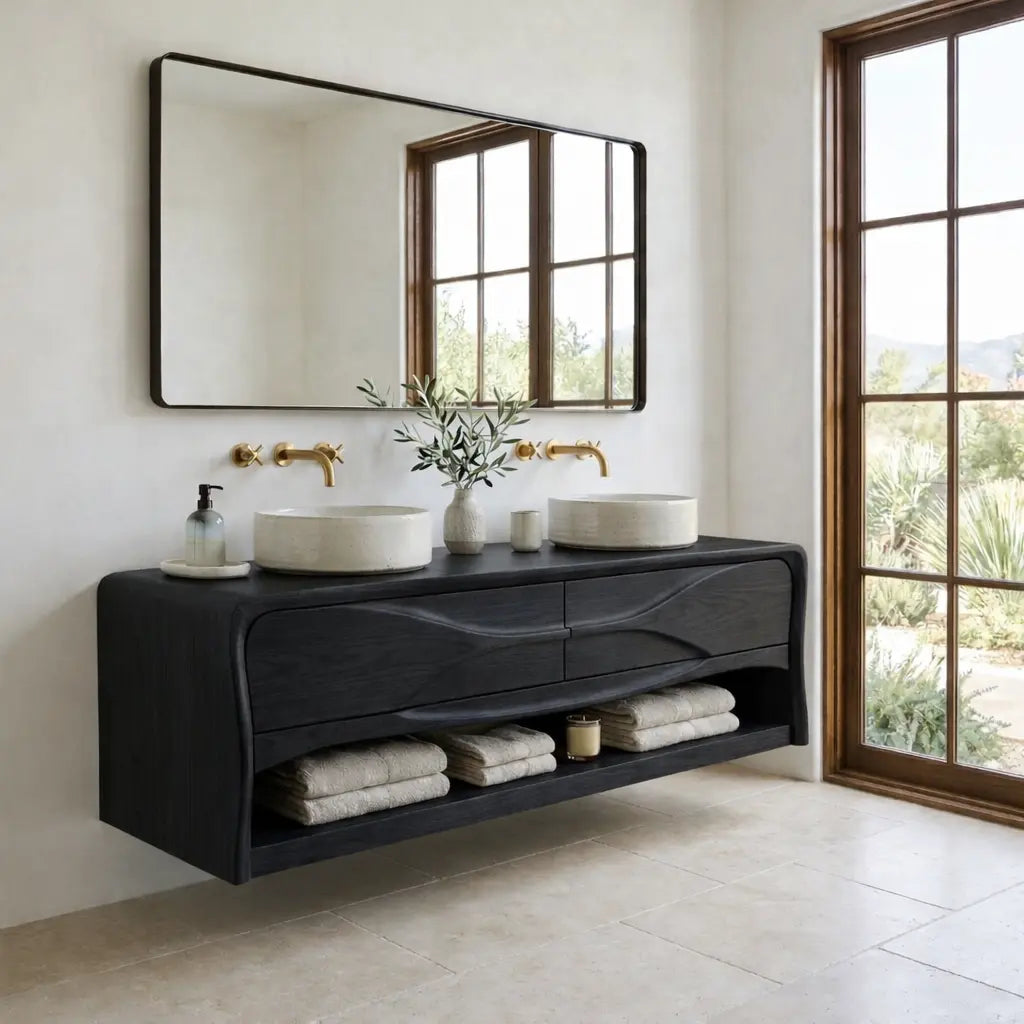 Handcrafted Wave Design Floating Vanity - Solid Wood Sculptural Mid-Century Bathroom Cabinet Kitchnce