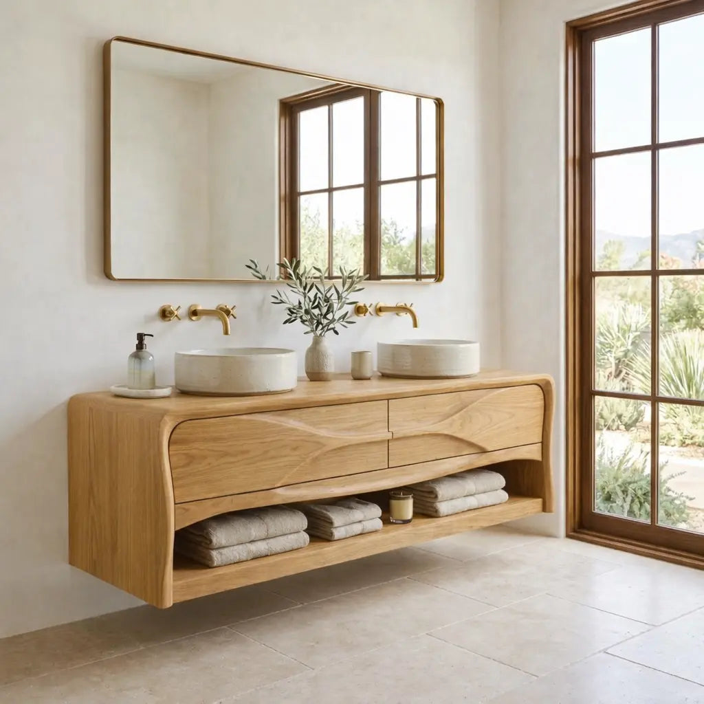 Handcrafted Wave Design Floating Vanity - Solid Wood Sculptural Mid-Century Bathroom Cabinet Kitchnce