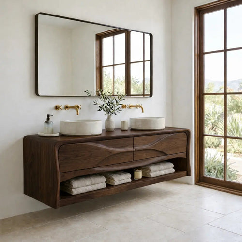 Handcrafted Wave Design Floating Vanity - Solid Wood Sculptural Mid-Century Bathroom Cabinet Kitchnce