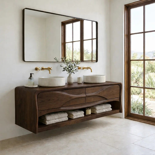 Handcrafted Wave Design Floating Vanity - Solid Wood Sculptural Mid-Century Bathroom Cabinet Kitchnce