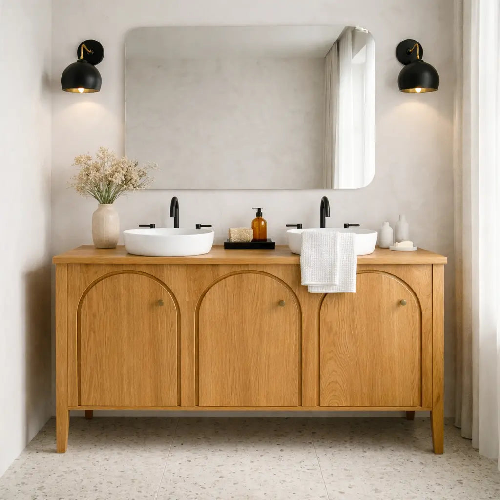Handcrafted Triple Arch Double Vanity - Solid Wood Freestanding Modern Bathroom Cabinet Kitchnce