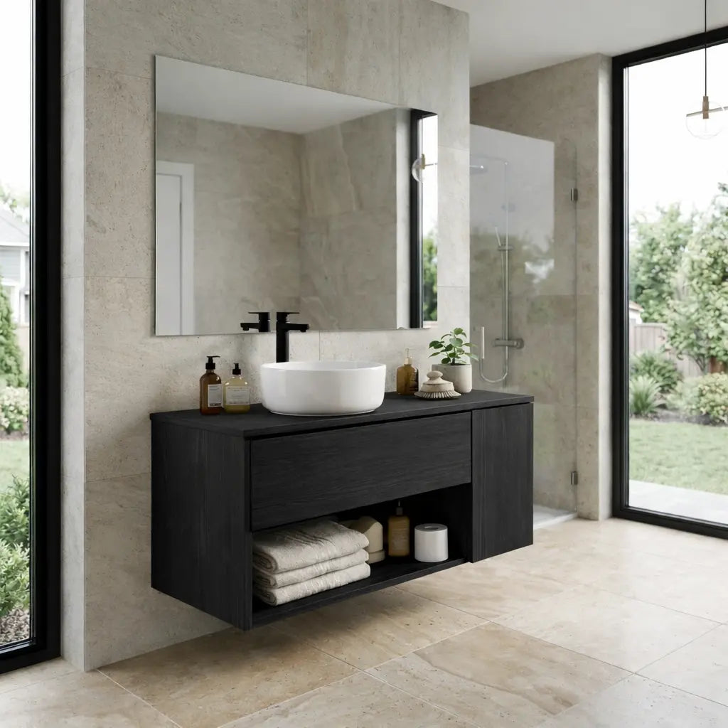 Floating Bathroom Vanity with Drawer and Open Shelf Storage Solid Wood Cabinet Kitchnce
