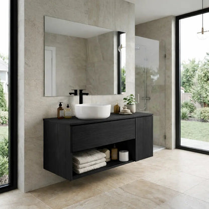 Floating Bathroom Vanity with Drawer and Open Shelf Storage Solid Wood Cabinet Kitchnce