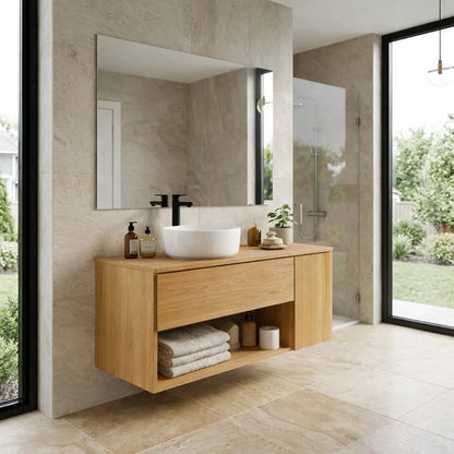 Floating Bathroom Vanity with Drawer and Open Shelf Storage Solid Wood Cabinet Kitchnce