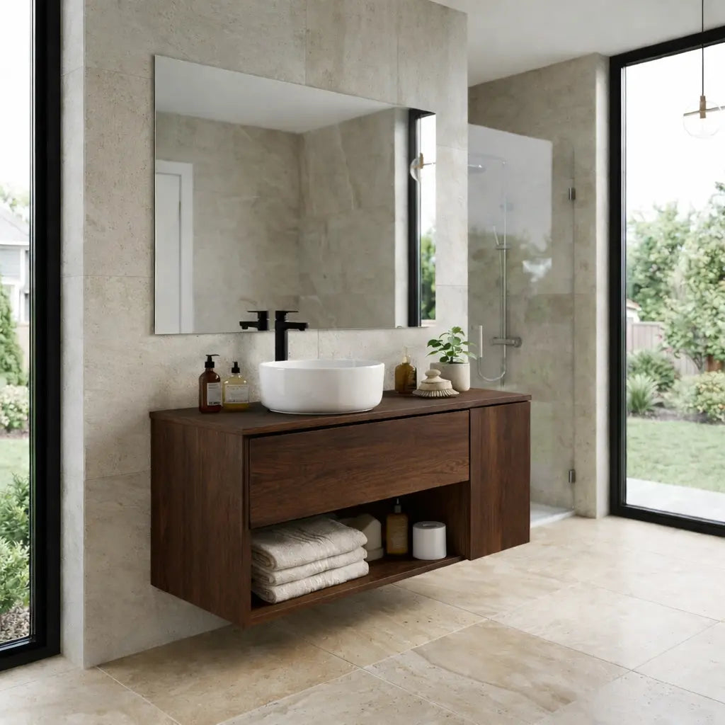 Floating Bathroom Vanity with Drawer and Open Shelf Storage Solid Wood Cabinet Kitchnce