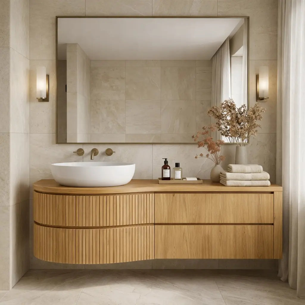Curved Floating Bathroom Vanity with Fluted Wood Panels and Drawer Storage Kitchnce