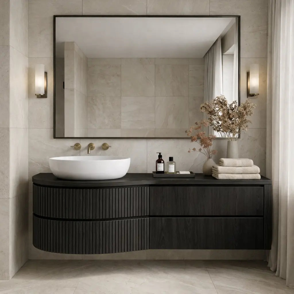 Curved Floating Bathroom Vanity with Fluted Wood Panels and Drawer Storage Kitchnce