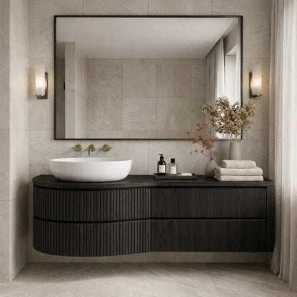Curved Floating Bathroom Vanity with Fluted Wood Panels and Drawer Storage Kitchnce