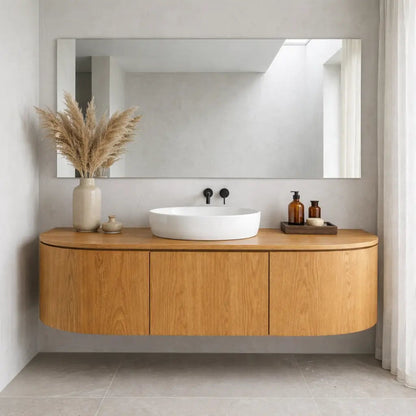 Curved Edge Floating Bathroom Vanity with Rounded Side Cabinets and Hidden Storage Kitchnce