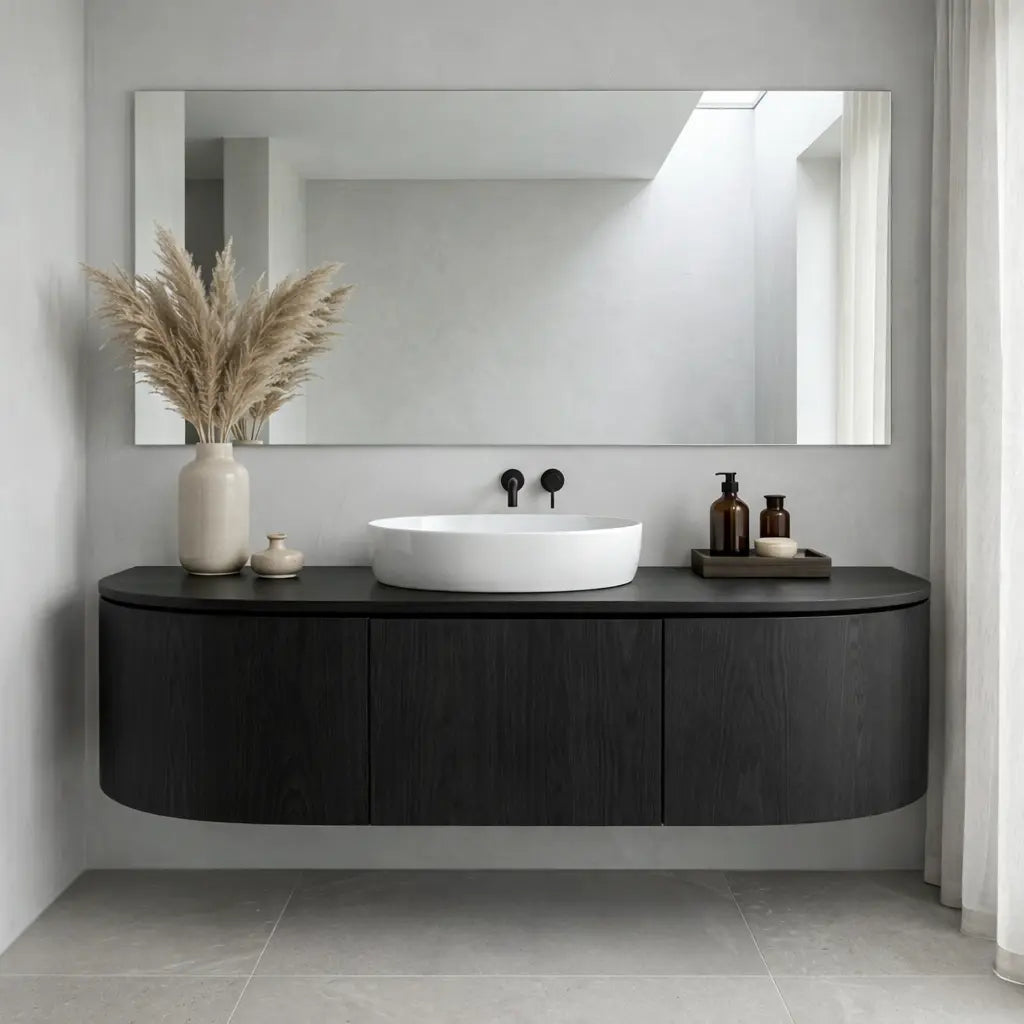 Curved Edge Floating Bathroom Vanity with Rounded Side Cabinets and Hidden Storage Kitchnce