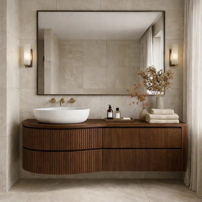 Curved Floating Bathroom Vanity with Fluted Wood Panels and Drawer Storage Kitchnce