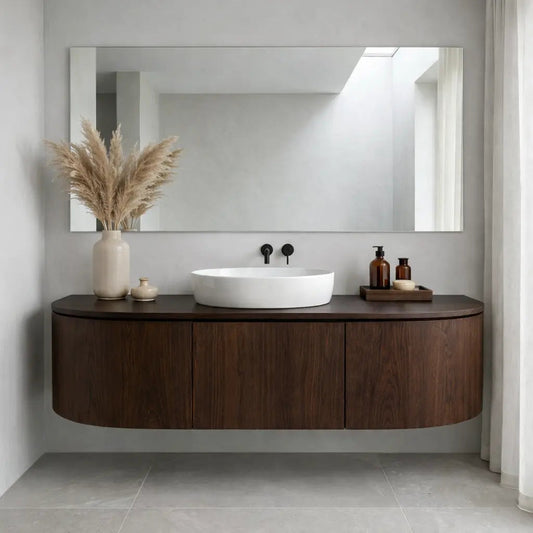 Curved Edge Floating Bathroom Vanity with Rounded Side Cabinets and Hidden Storage Kitchnce