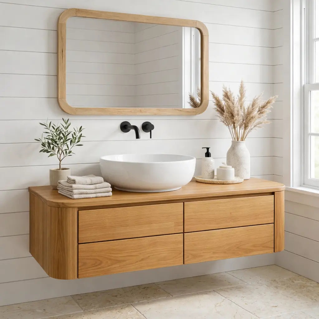 Floating Bathroom Vanity with Rounded Edges and Four Drawer Storage Cabinet Kitchnce