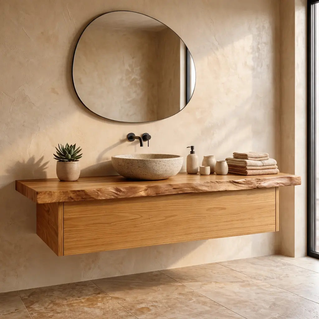 Floating Bathroom Vanity with Live Edge Wood Countertop and Minimalist Cabinet Kitchnce