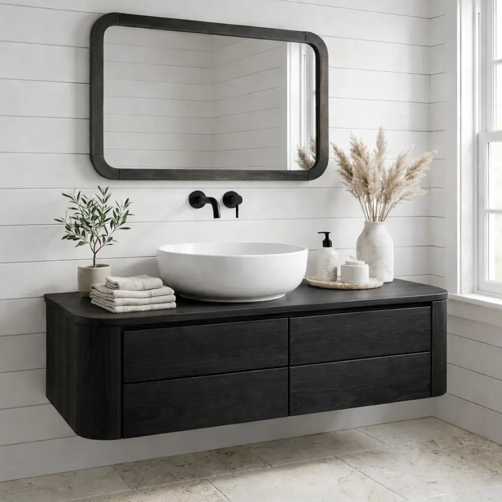 Floating Bathroom Vanity with Rounded Edges and Four Drawer Storage Cabinet Kitchnce