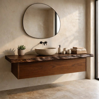 Floating Bathroom Vanity with Live Edge Wood Countertop and Minimalist Cabinet Kitchnce