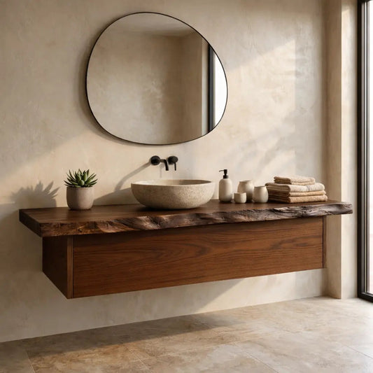Floating Bathroom Vanity with Live Edge Wood Countertop and Minimalist Cabinet Kitchnce