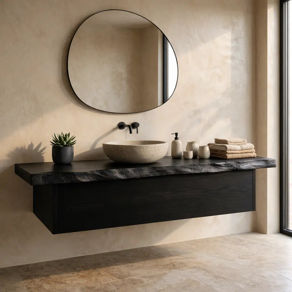 Floating Bathroom Vanity with Live Edge Wood Countertop and Minimalist Cabinet Kitchnce