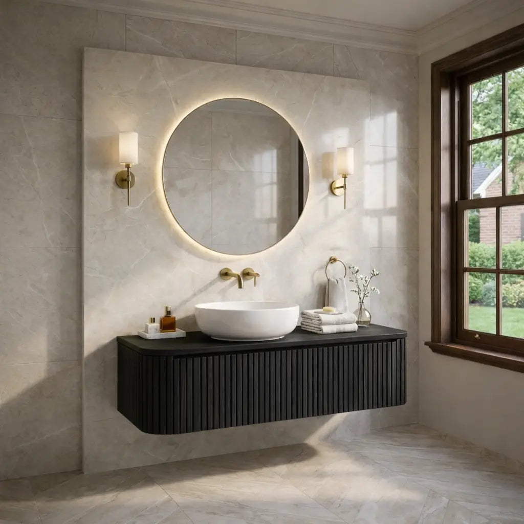 Floating Bathroom Vanity with Fluted Wood Panels and Rounded Edge Design Kitchnce