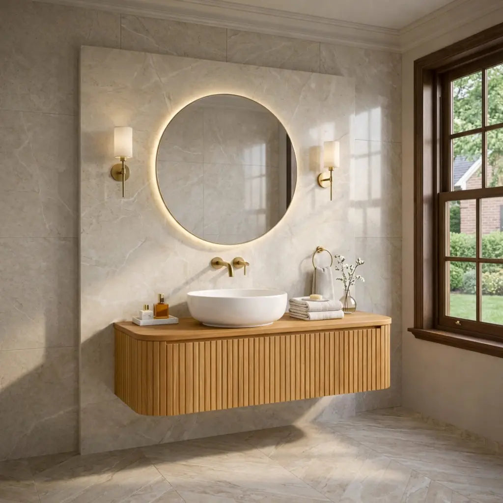 Floating Bathroom Vanity with Fluted Wood Panels and Rounded Edge Design Kitchnce