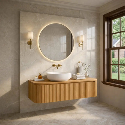 Floating Bathroom Vanity with Fluted Wood Panels and Rounded Edge Design Kitchnce