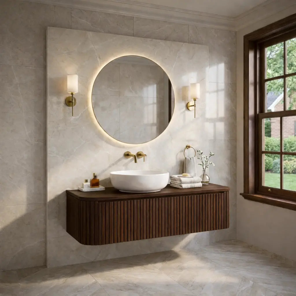 Floating Bathroom Vanity with Fluted Wood Panels and Rounded Edge Design Kitchnce