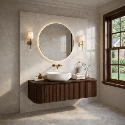 Floating Bathroom Vanity with Fluted Wood Panels and Rounded Edge Design Kitchnce