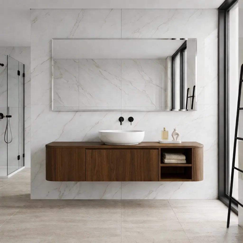 Floating Bathroom Vanity with Rounded Side Panel and Open Shelf Storage Cabinet Kitchnce