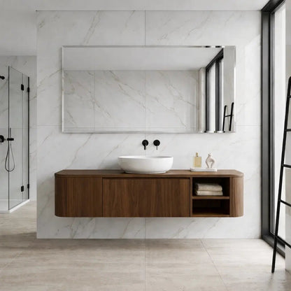 Floating Bathroom Vanity with Rounded Side Panel and Open Shelf Storage Cabinet Kitchnce