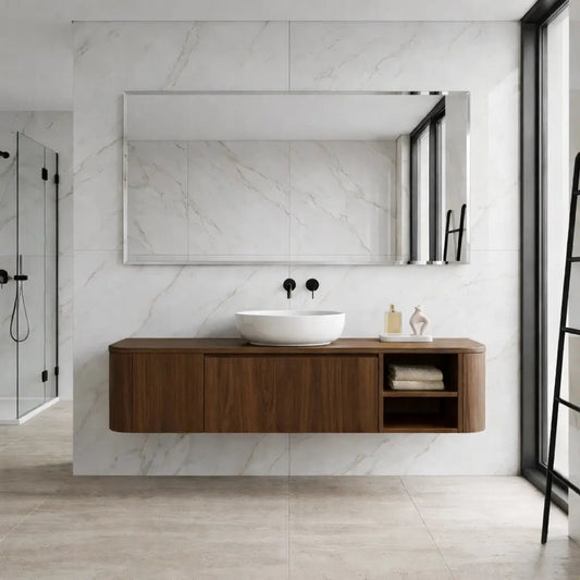 Floating Bathroom Vanity with Rounded Side Panel and Open Shelf Storage Cabinet Kitchnce