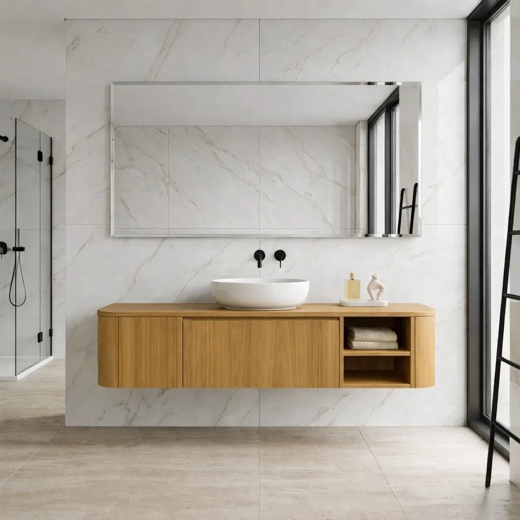 Floating Bathroom Vanity with Rounded Side Panel and Open Shelf Storage Cabinet Kitchnce