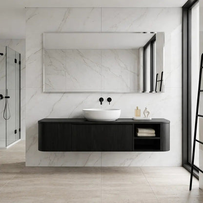 Floating Bathroom Vanity with Rounded Side Panel and Open Shelf Storage Cabinet Kitchnce