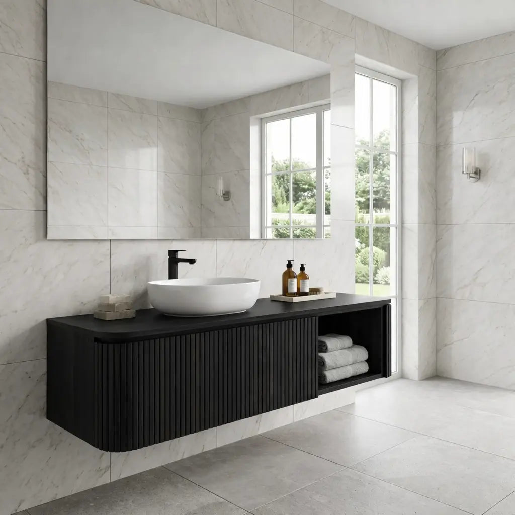 Floating Bathroom Vanity with Fluted Wood Front and Open Shelf Storage Kitchnce
