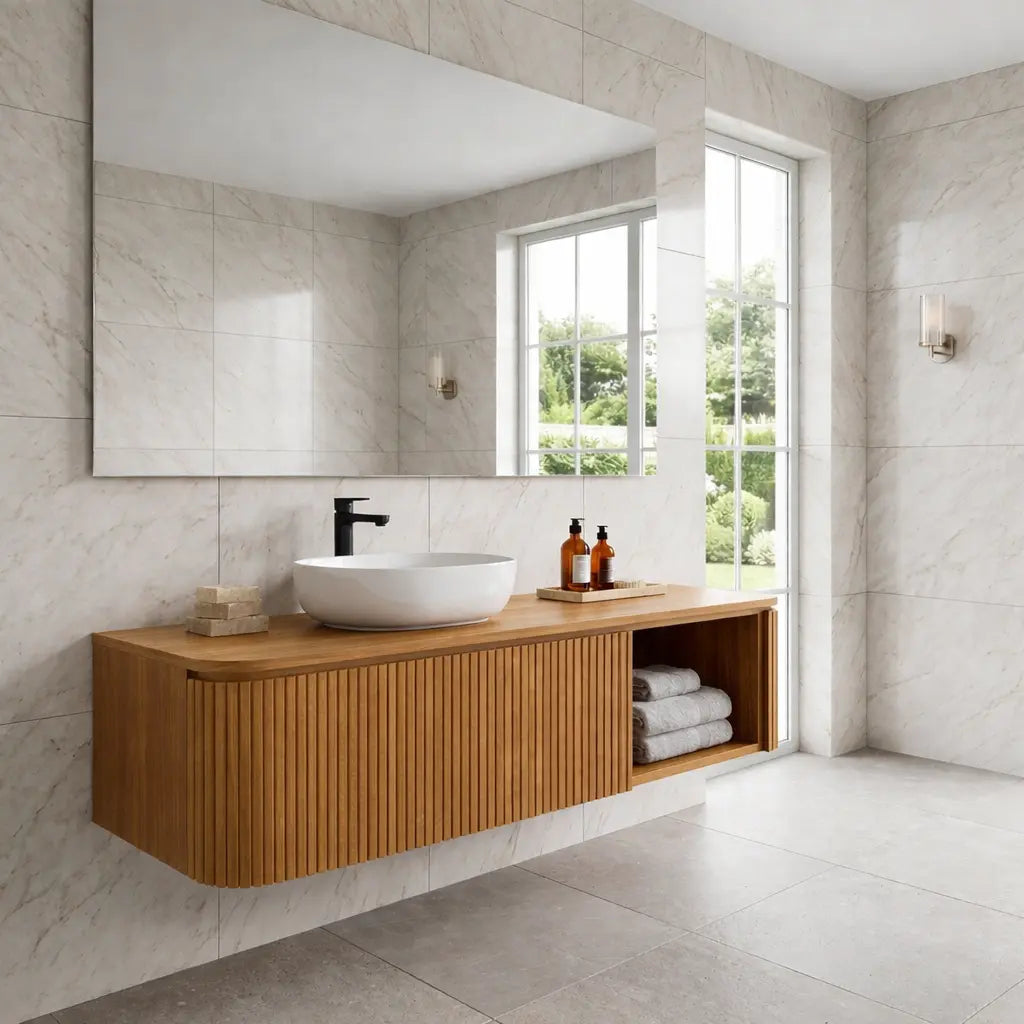 Floating Bathroom Vanity with Fluted Wood Front and Open Shelf Storage Kitchnce