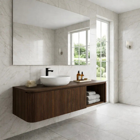 Floating Bathroom Vanity with Fluted Wood Front and Open Shelf Storage Kitchnce