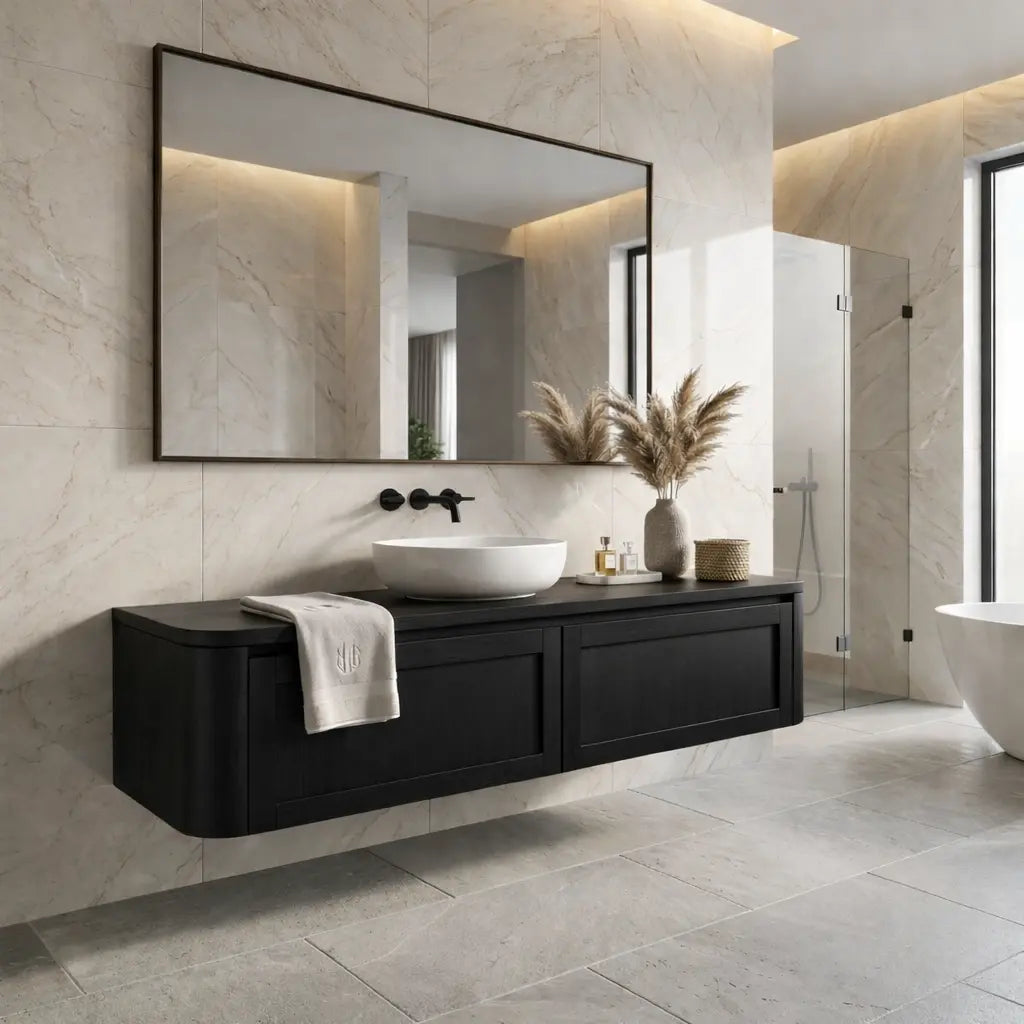 Floating Bathroom Vanity with Framed Panel Doors and Rounded Side Design Kitchnce