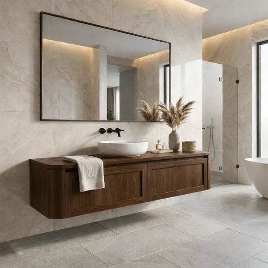 Floating Bathroom Vanity with Framed Panel Doors and Rounded Side Design Kitchnce
