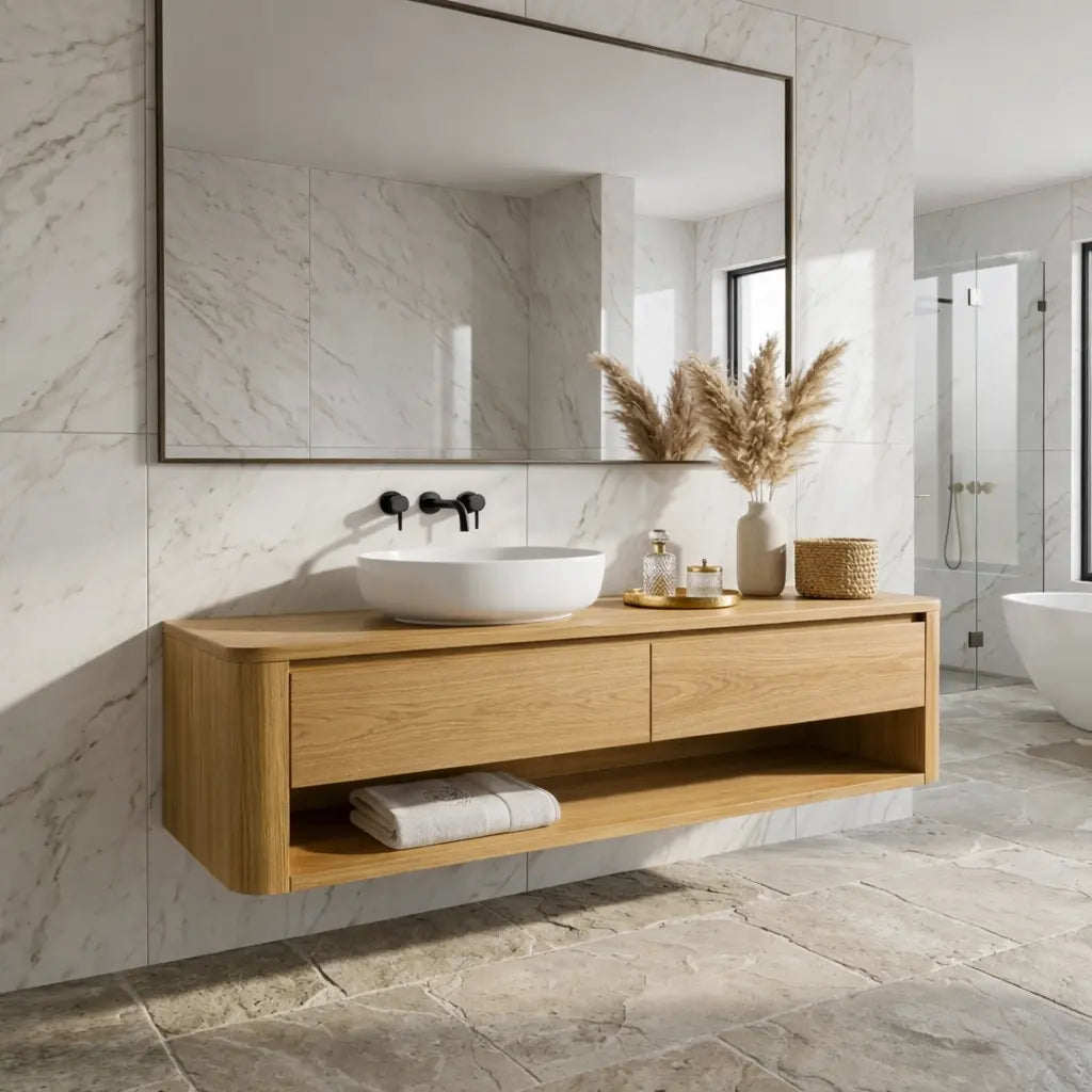 Floating Bathroom Vanity with Two Drawers and Open Shelf Storage Design Kitchnce