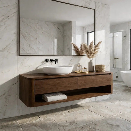 Floating Bathroom Vanity with Two Drawers and Open Shelf Storage Design Kitchnce