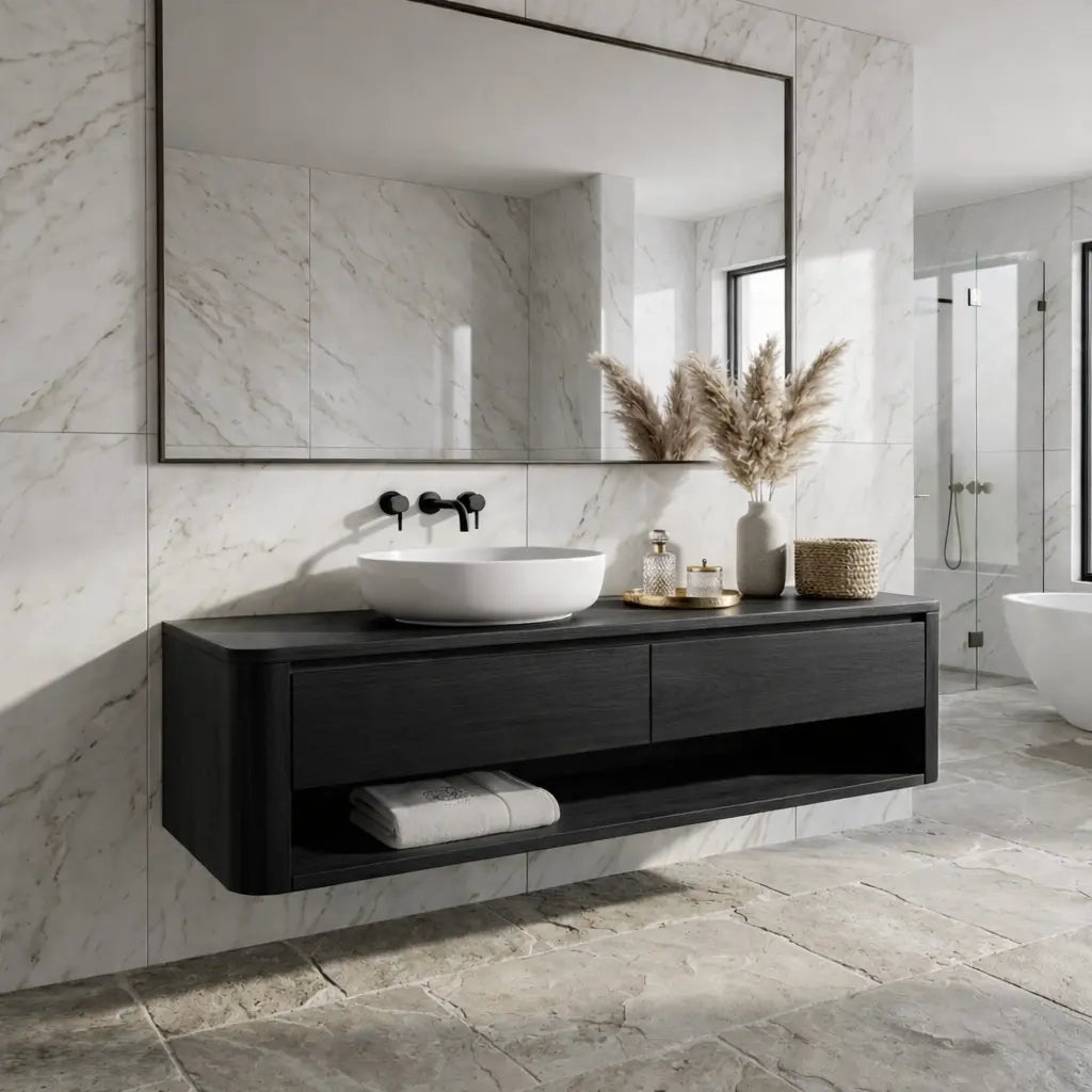 Floating Bathroom Vanity with Two Drawers and Open Shelf Storage Design Kitchnce