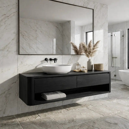Floating Bathroom Vanity with Two Drawers and Open Shelf Storage Design Kitchnce