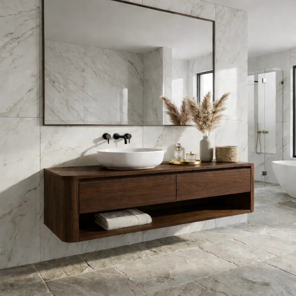 Floating Bathroom Vanity with Two Drawers and Open Shelf Storage Design Kitchnce