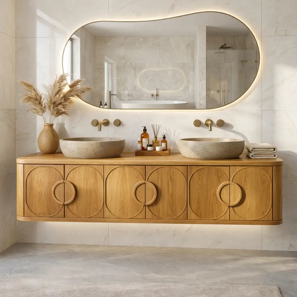 Floating Bathroom Vanity with Circular Carved Doors and Sculptural Ring Handles Kitchnce