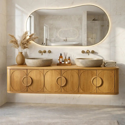 Floating Bathroom Vanity with Circular Carved Doors and Sculptural Ring Handles Kitchnce