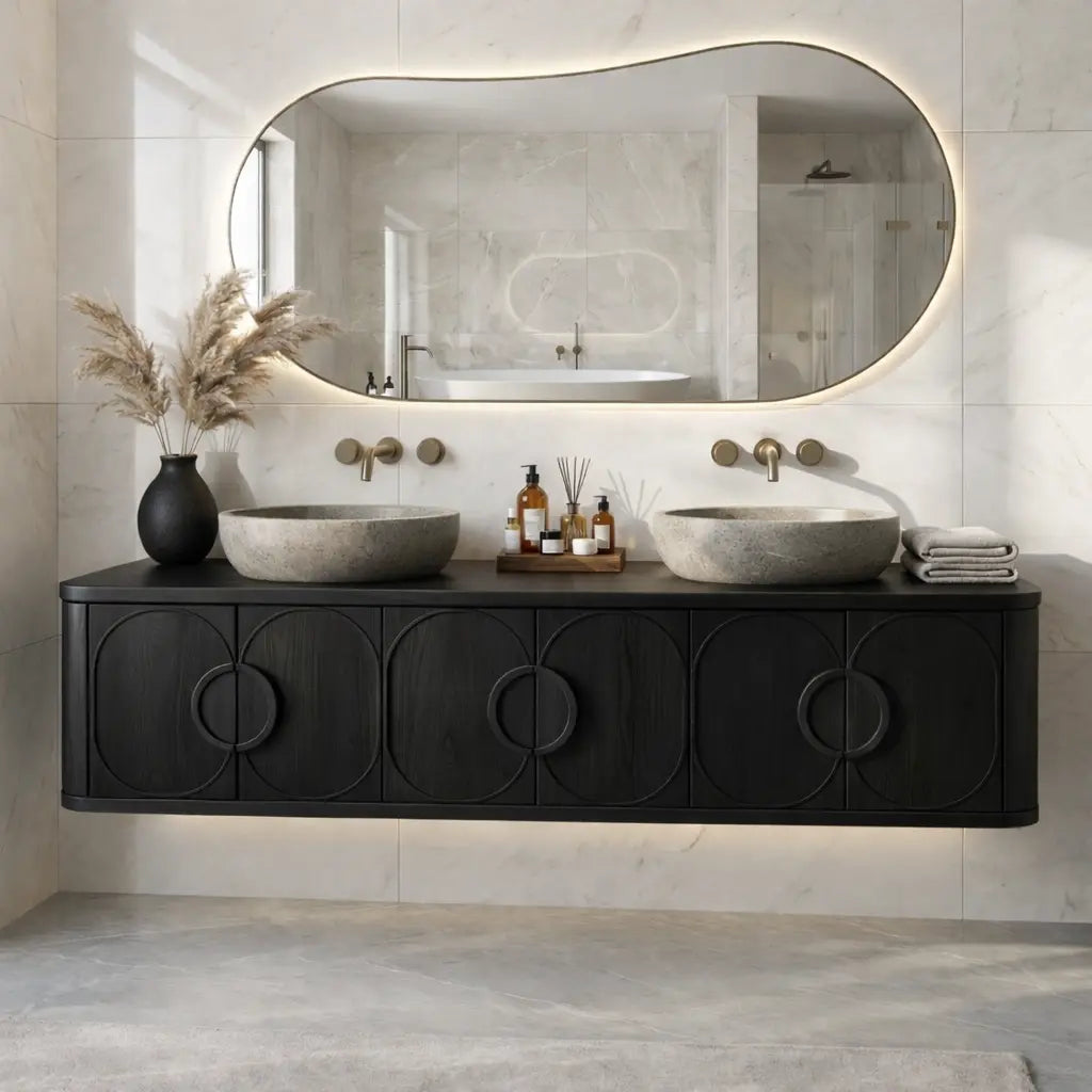 Floating Bathroom Vanity with Circular Carved Doors and Sculptural Ring Handles Kitchnce