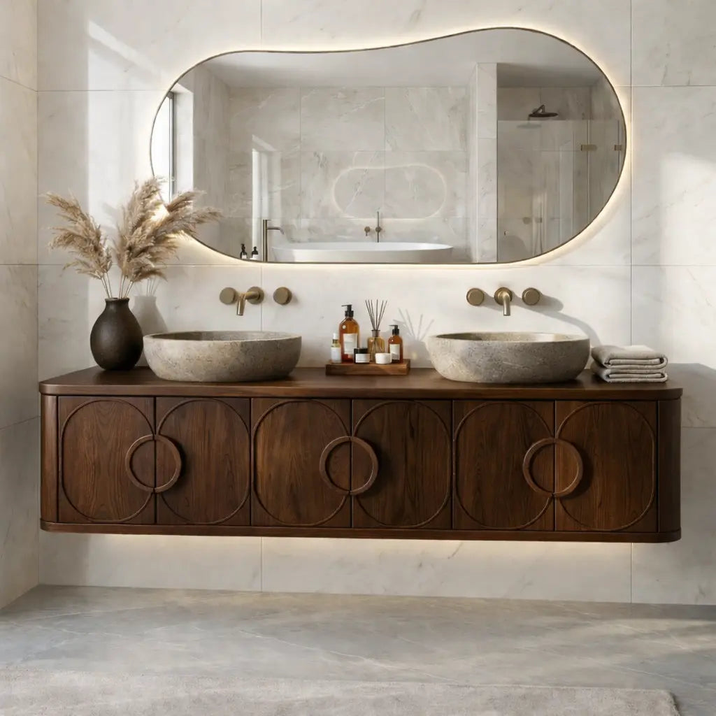 Floating Bathroom Vanity with Circular Carved Doors and Sculptural Ring Handles Kitchnce