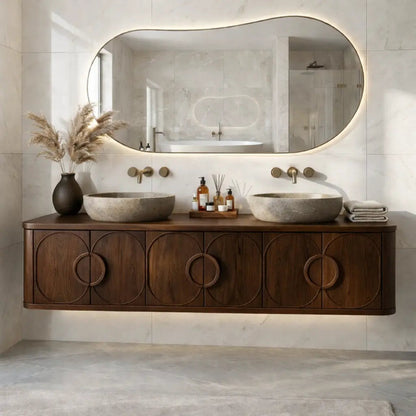 Floating Bathroom Vanity with Circular Carved Doors and Sculptural Ring Handles Kitchnce