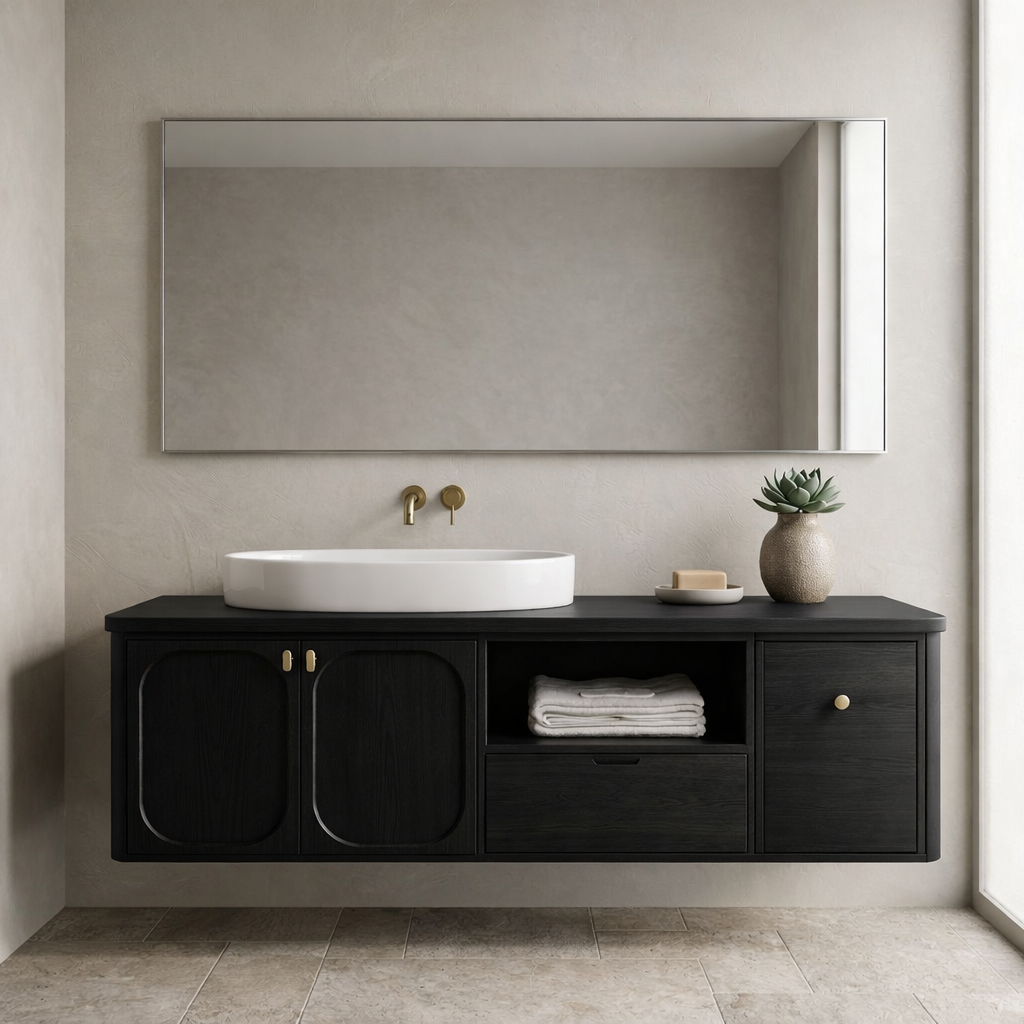 Floating Bathroom Vanity with Arched Cabinet Doors Drawer and Open Shelf Storage