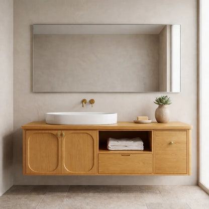 Floating Bathroom Vanity with Arched Cabinet Doors Drawer and Open Shelf Storage Kitchnce