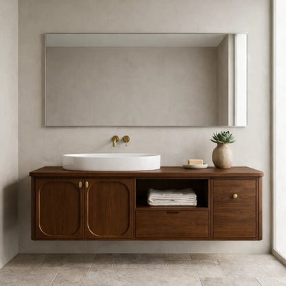 Floating Bathroom Vanity with Arched Cabinet Doors Drawer and Open Shelf Storage Kitchnce